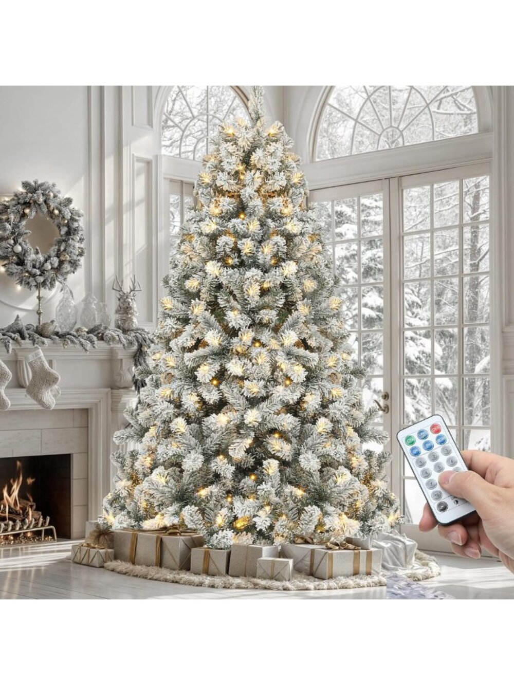 Prelit Snow Flocked 6ft Christmas Tree with Remote, 11 Light Modes & Foldable